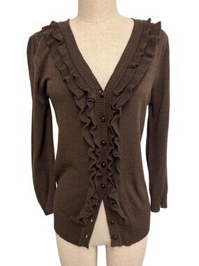 Jaclyn Smith Womens Brown Ruffle Cardigan Sweater S